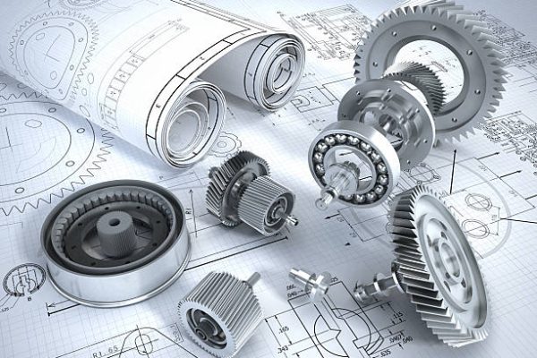 Blueprints and 3D metal machine parts. Mechanical engineering concept.